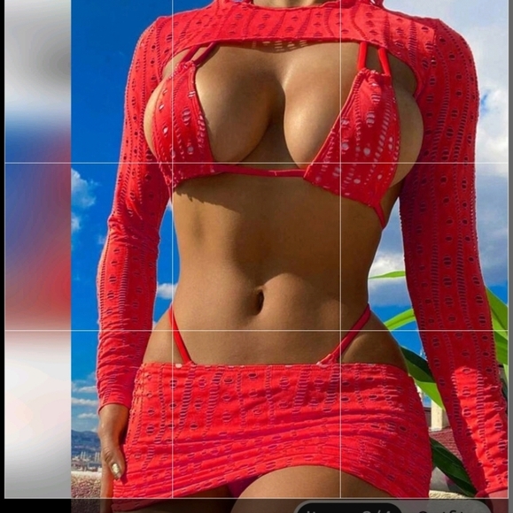 Red Sexy 4 Piece Triangle Bikini Top Thong Bottom Cover Up And Wrap Size Large - Picture 1 of 15